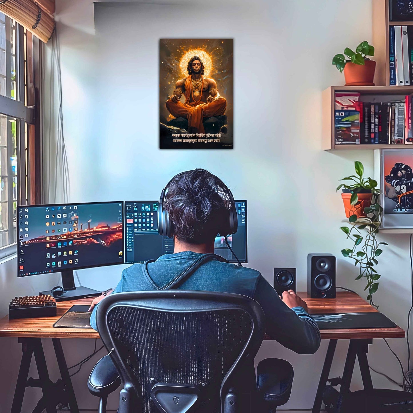 The 'मनोजवं मारुततुल्यवेगं' Hanuman Meditation Poster Orange | 8K | Premium Glossy - Bharatvarsh Arts--Wall Poster Sets - Buy Indian Spiritual, Mythology, Gods, Warrior Wall Art - For Living Room, Decor