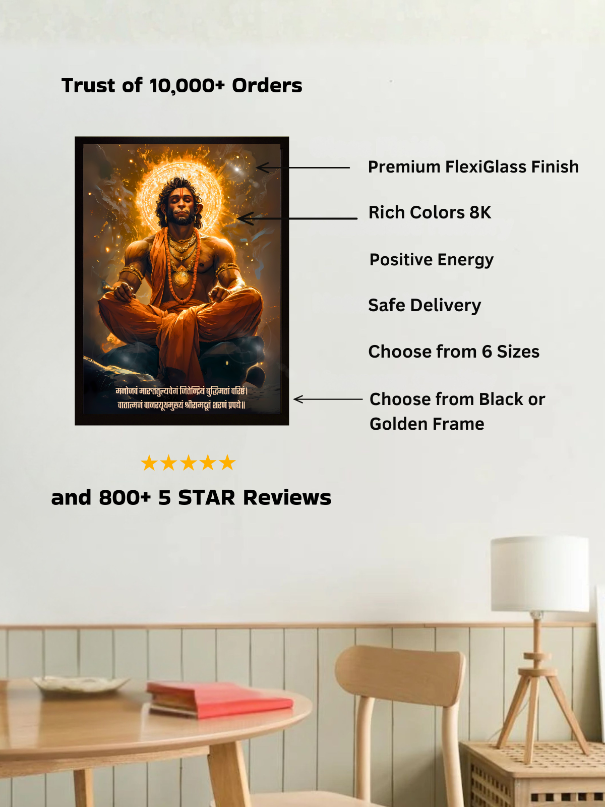 Lord Hanuman Wall Frame – ‘मनोजवं मारुततुल्यवेगं’, Meditation, view 3 | Bharatvarsh Arts