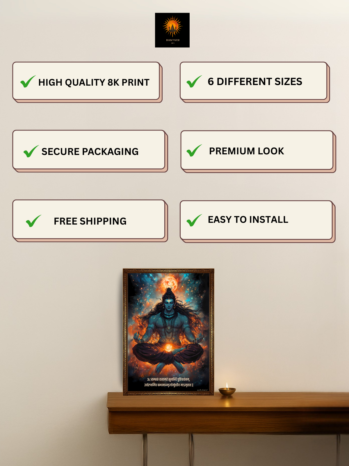 The "ॐ त्र्यम्बकं यजामहे " Lord Shiva Wall Frame | Premium Quality - Bharatvarsh Arts--Wall Poster Sets - Buy Indian Spiritual, Mythology, Gods, Warrior Wall Art - For Living Room, Decor