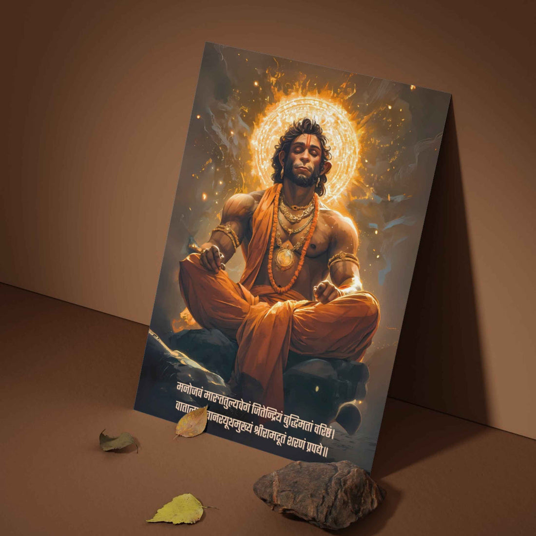 Lord Hanuman Wall Poster – ‘मनोजवं मारुततुल्यवेगं’, Meditation Orange | Bharatvarsh Arts