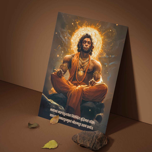 Lord Hanuman Wall Poster – ‘मनोजवं मारुततुल्यवेगं’, Meditation Orange | Bharatvarsh Arts
