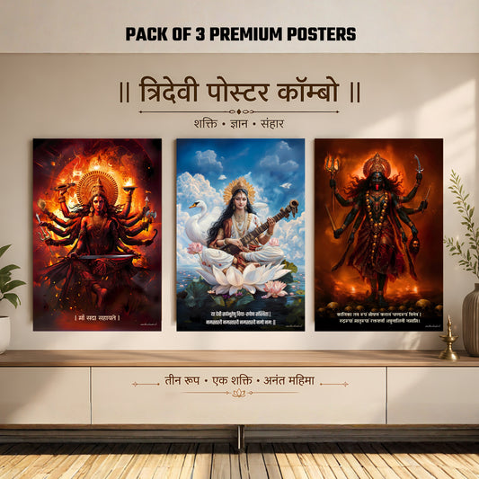 The 'त्रिदेवी' Durga, Saraswati, Kali Mata Pack of 3 Premium Posters Combo + Free Wall Friendly Glue Dots