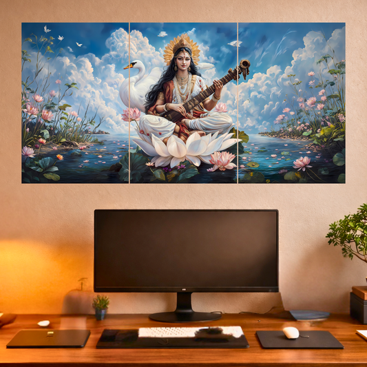 The Maa Saraswati Epic 3 Panel SPLIT Poster | 8K | Premium Glossy