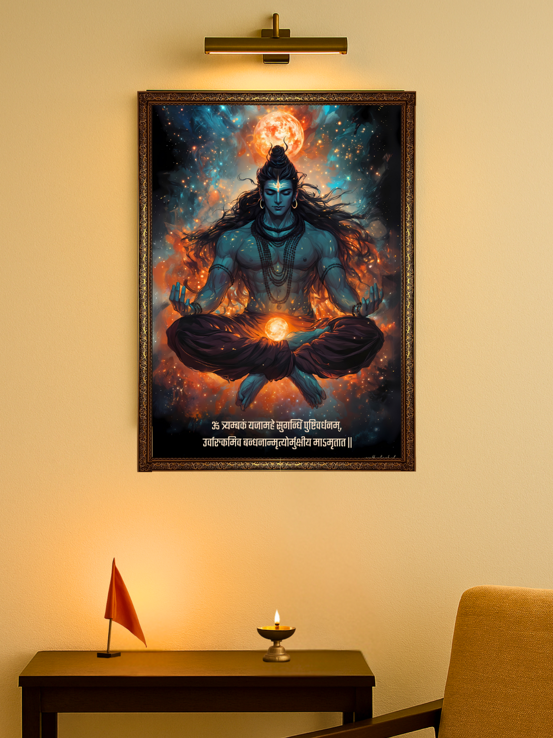 The "ॐ त्र्यम्बकं यजामहे " Lord Shiva Wall Frame | Premium Quality - Bharatvarsh Arts--Wall Poster Sets - Buy Indian Spiritual, Mythology, Gods, Warrior Wall Art - For Living Room, Decor