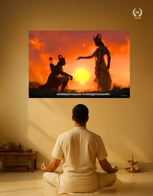 The 'कर्मण्येवाधिकारस्ते मा फलेषु कदाचन' Krishna and Arjun Mahabharat Epic Premium Large Poster | 8K | Premium Glossy