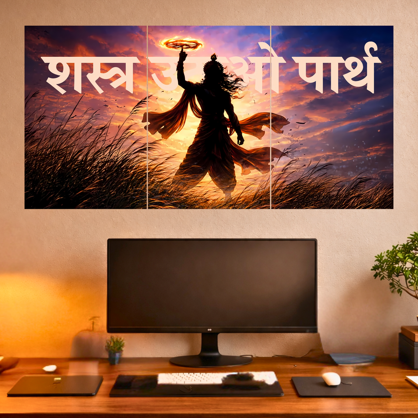 The 'शस्त्र उठाओ पार्थ' Epic Krishna Mahabharat 3 Panel SPLIT Poster | 8K | Premium Glossy