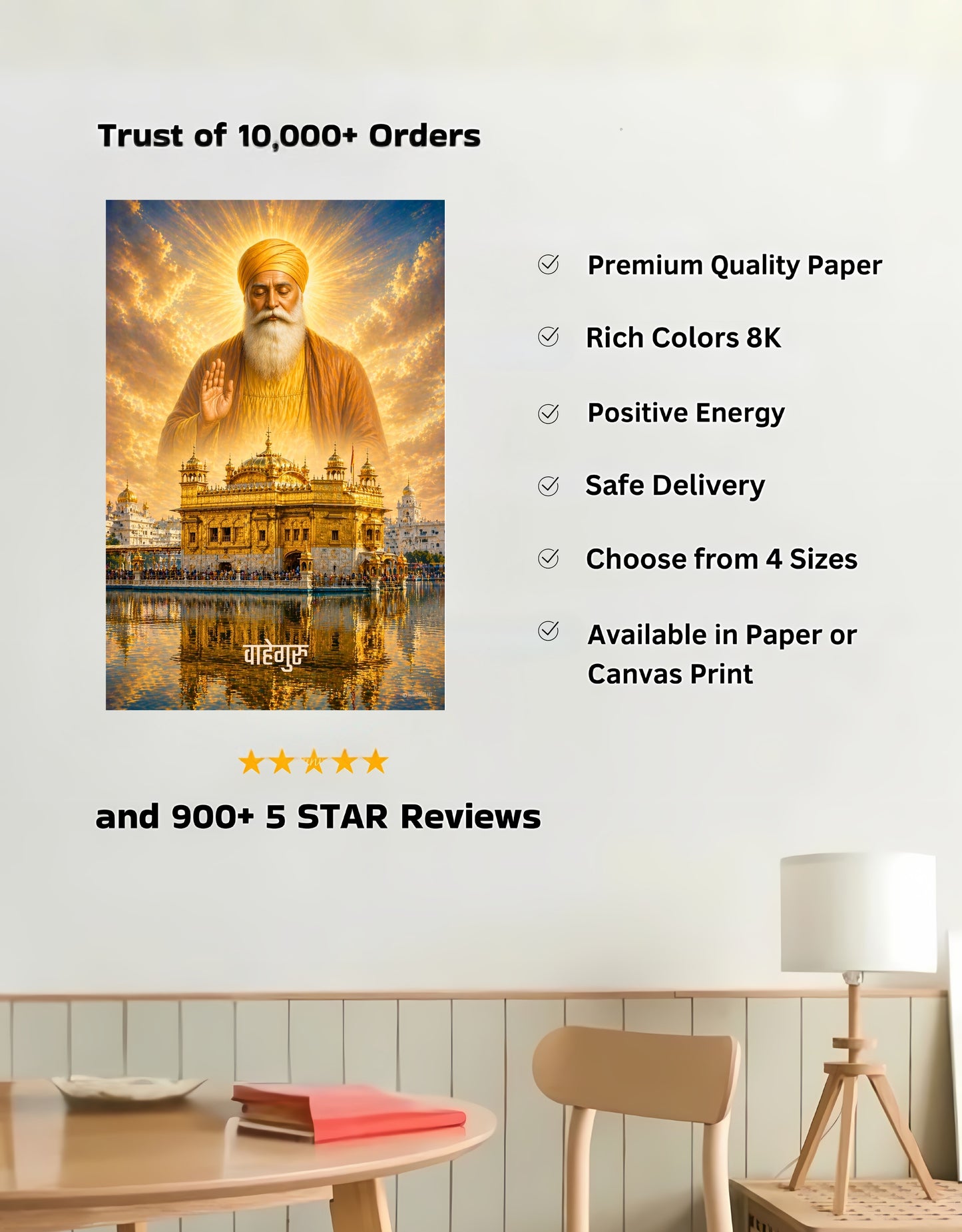 The 'वाहेगुरु' Guru Nanak Ji and Golden Temple Premium Large Poster | 8K | Premium Glossy