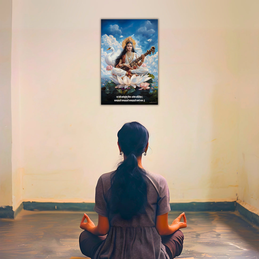 The "या देवी सर्वभूतेषु" Maa Saraswati Poster | 8K | Premium Glossy - Bharatvarsh Arts--Wall Poster Sets - Buy Indian Spiritual, Mythology, Gods, Warrior Wall Art - For Living Room, Decor