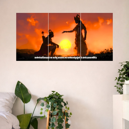 The 'कर्मण्येवाधिकारस्ते मा फलेषु कदाचन' Krishna and Arjun Mahabharat Epic 3 Panel SPLIT Poster | 8K | Premium Glossy