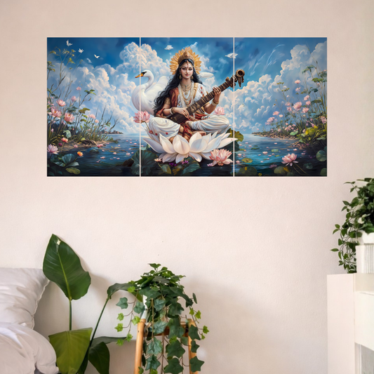 The Maa Saraswati Epic 3 Panel SPLIT Poster | 8K | Premium Glossy