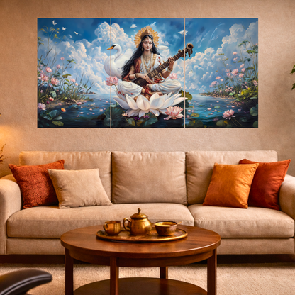 The Maa Saraswati Epic 3 Panel SPLIT Poster | 8K | Premium Glossy