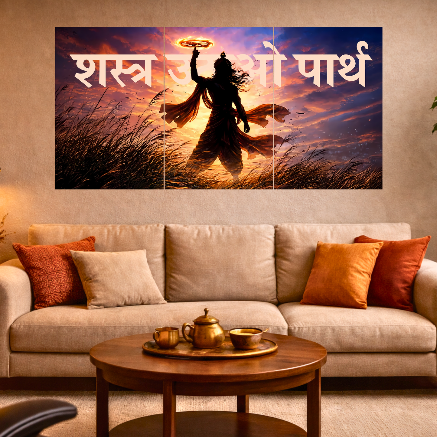 The 'शस्त्र उठाओ पार्थ' Epic Krishna Mahabharat 3 Panel SPLIT Poster | 8K | Premium Glossy