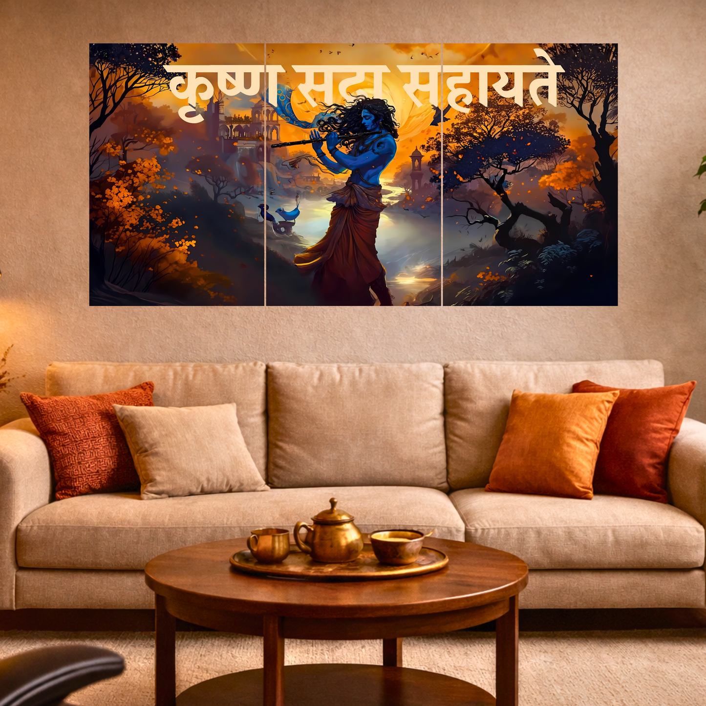 The 'कृष्णः सदा सहायते' Krishna Epic 3 Panel SPLIT Poster | 8K | Premium Glossy