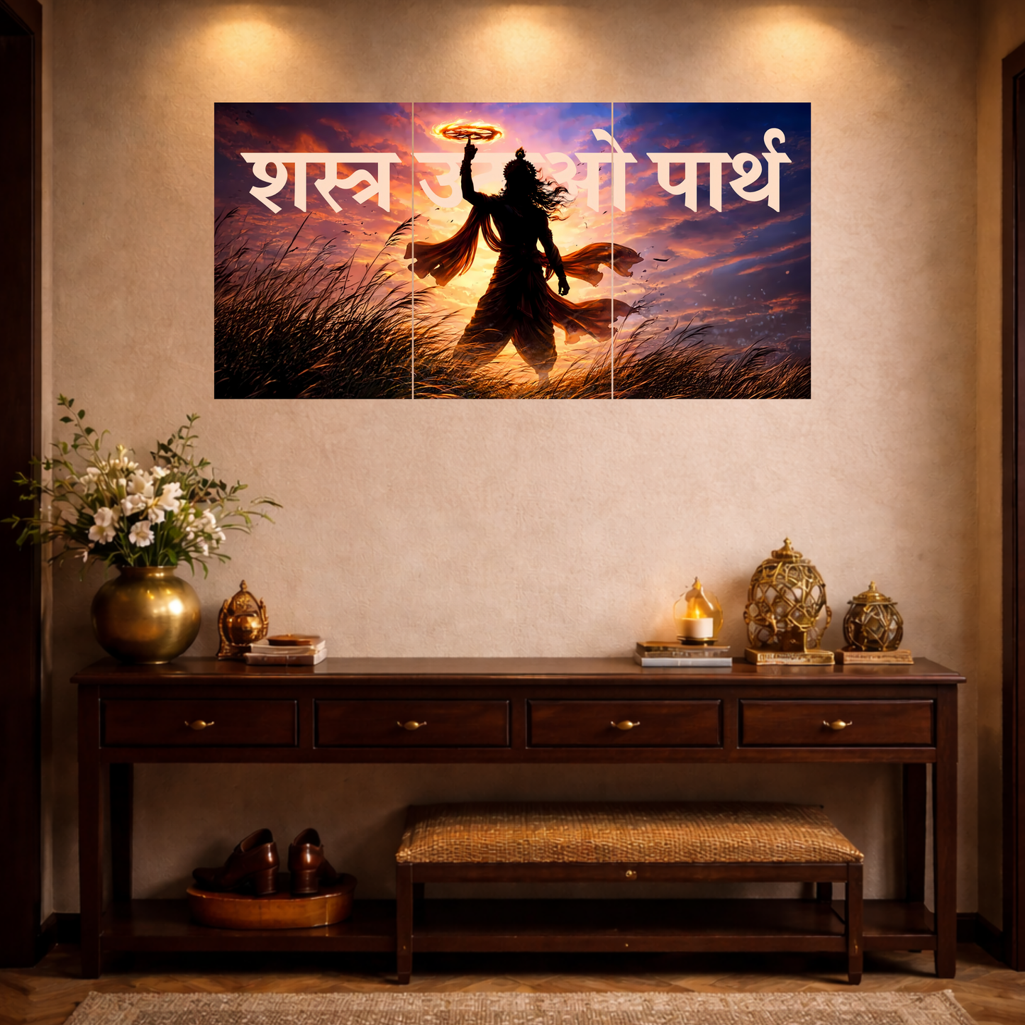 The 'शस्त्र उठाओ पार्थ' Epic Krishna Mahabharat 3 Panel SPLIT Poster | 8K | Premium Glossy