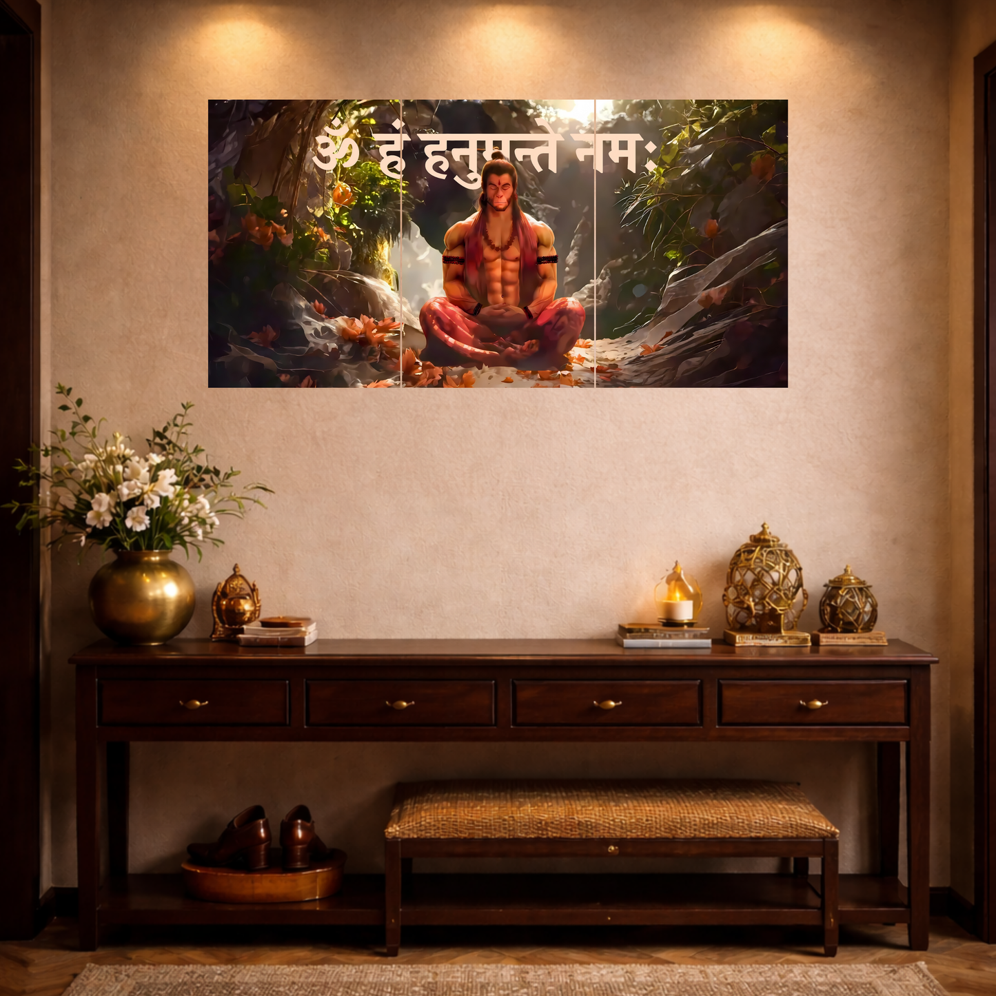 The 'ॐ हं हनुमते नमः' Hanuman Ji Meditation Epic 3 Panel SPLIT Poster | 8K | Premium Glossy