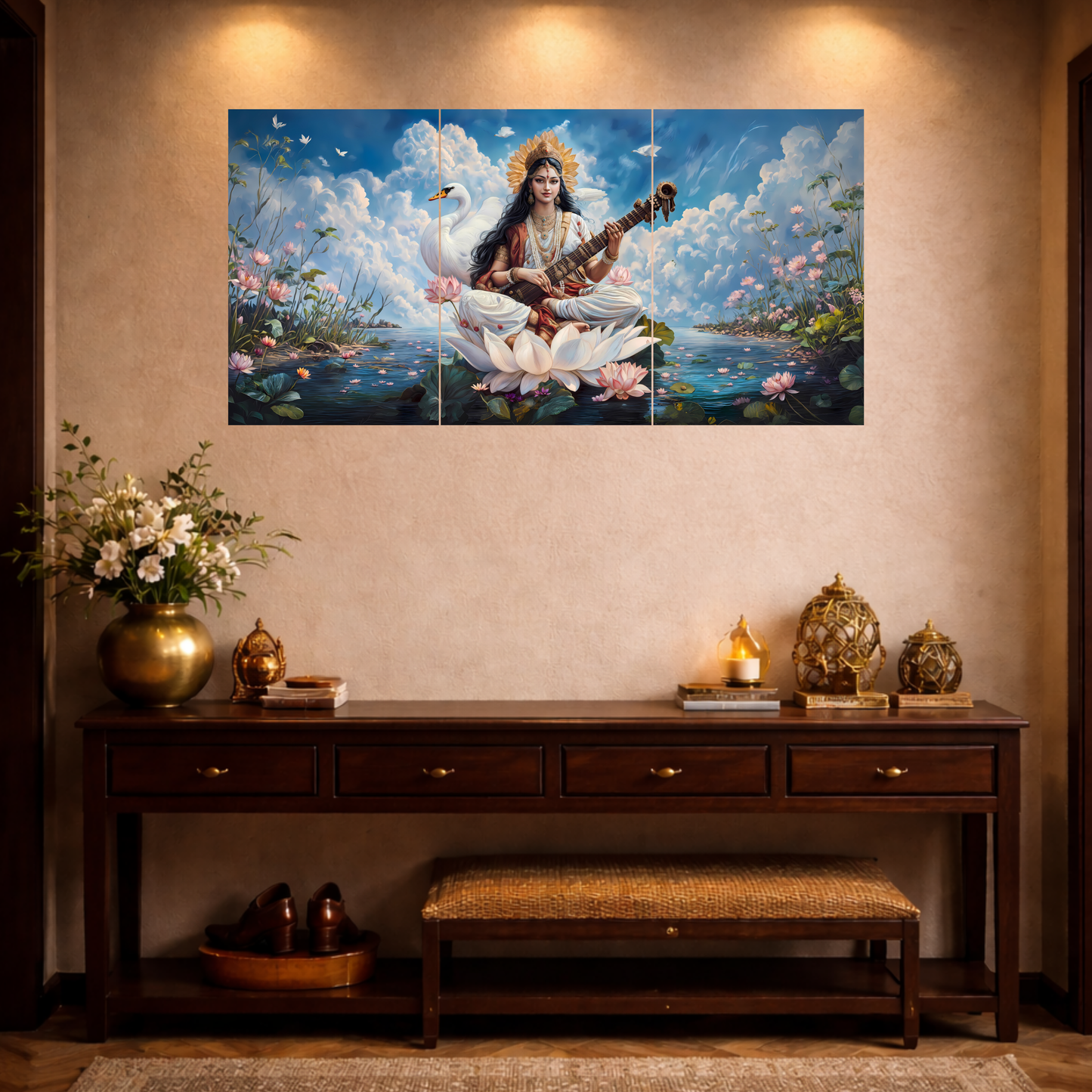 The Maa Saraswati Epic 3 Panel SPLIT Poster | 8K | Premium Glossy