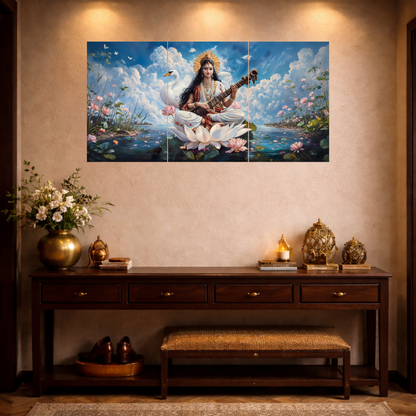 The Maa Saraswati Epic 3 Panel SPLIT Poster | 8K | Premium Glossy
