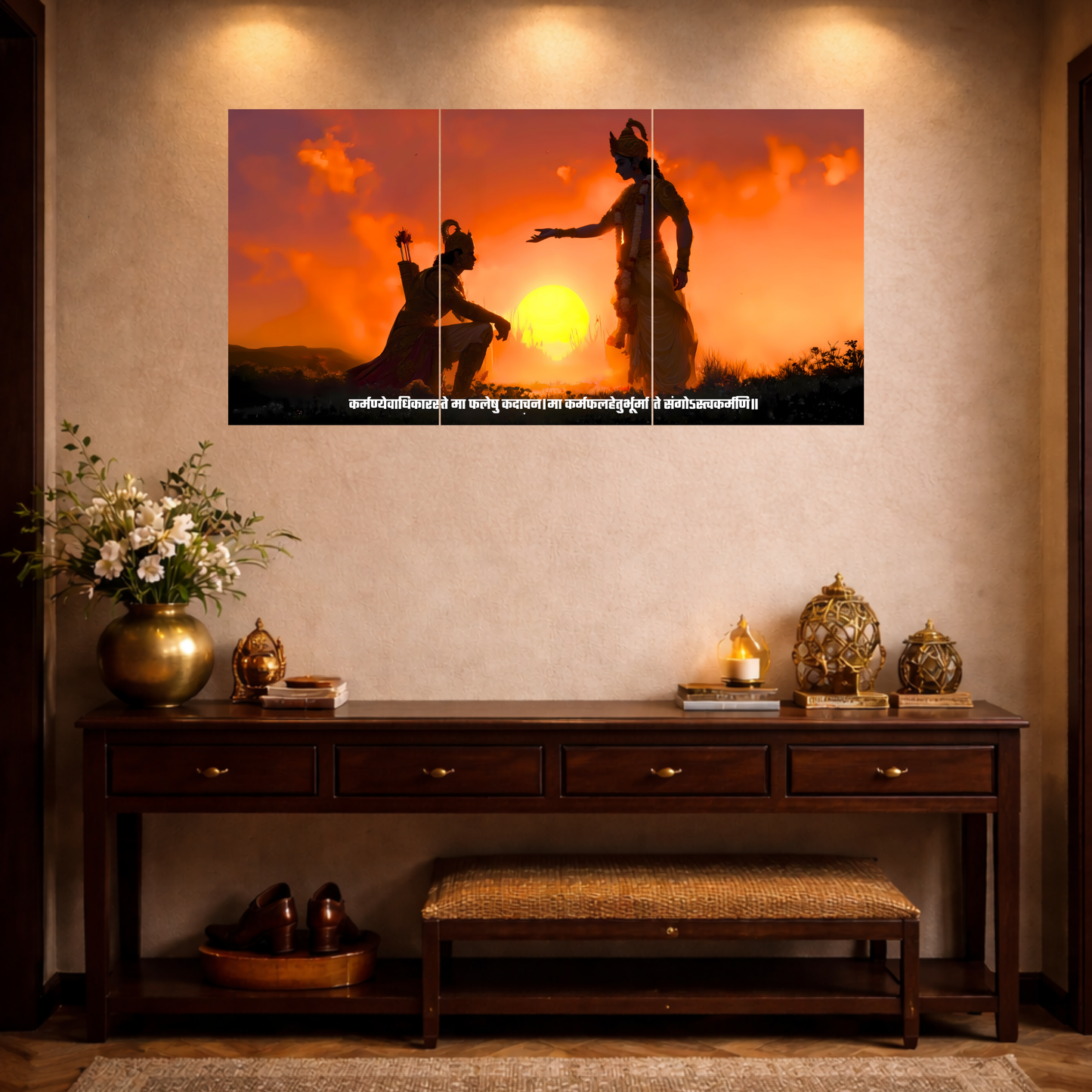 The 'कर्मण्येवाधिकारस्ते मा फलेषु कदाचन' Krishna and Arjun Mahabharat Epic 3 Panel SPLIT Poster | 8K | Premium Glossy