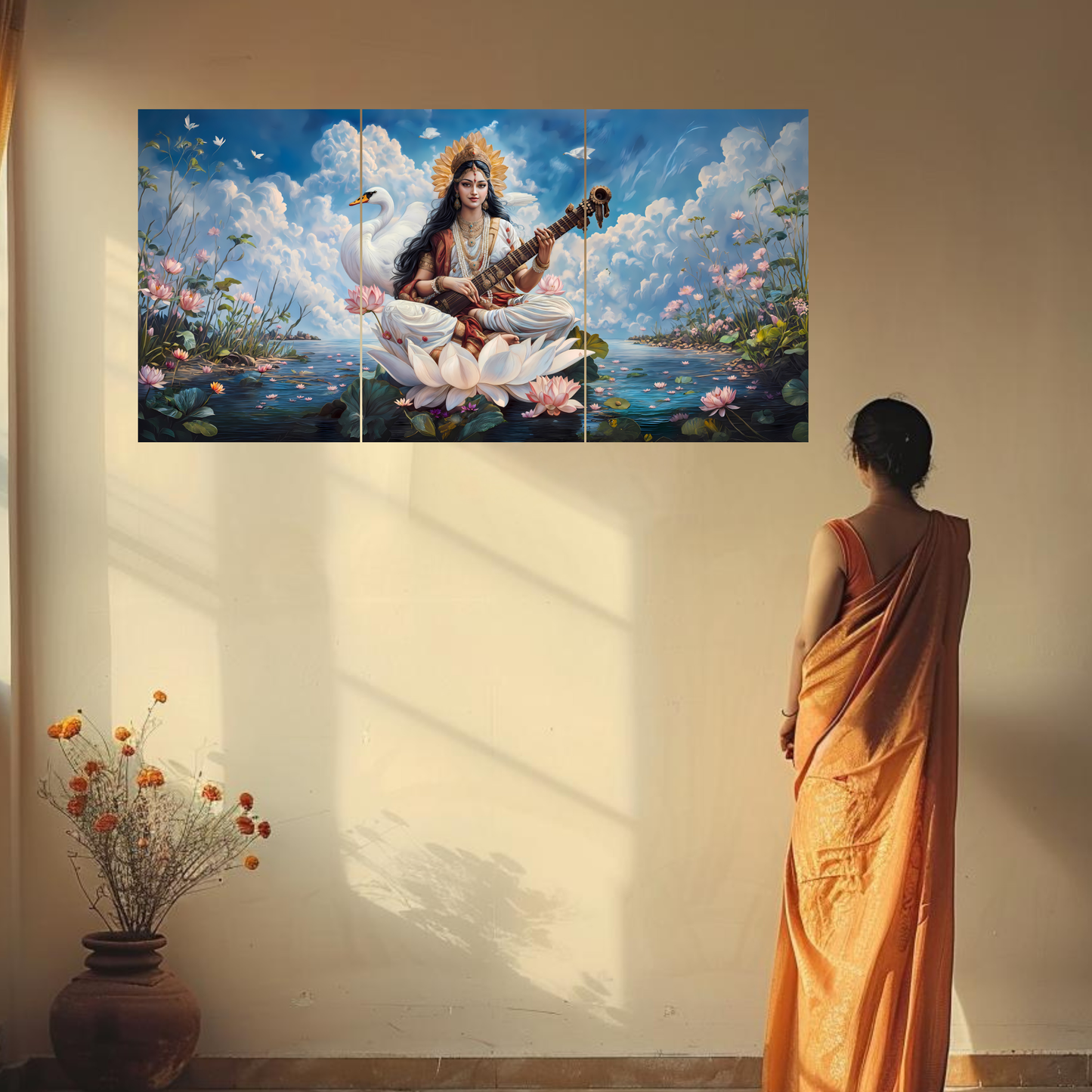 The Maa Saraswati Epic 3 Panel SPLIT Poster | 8K | Premium Glossy