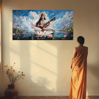 The Maa Saraswati Epic 3 Panel SPLIT Poster | 8K | Premium Glossy