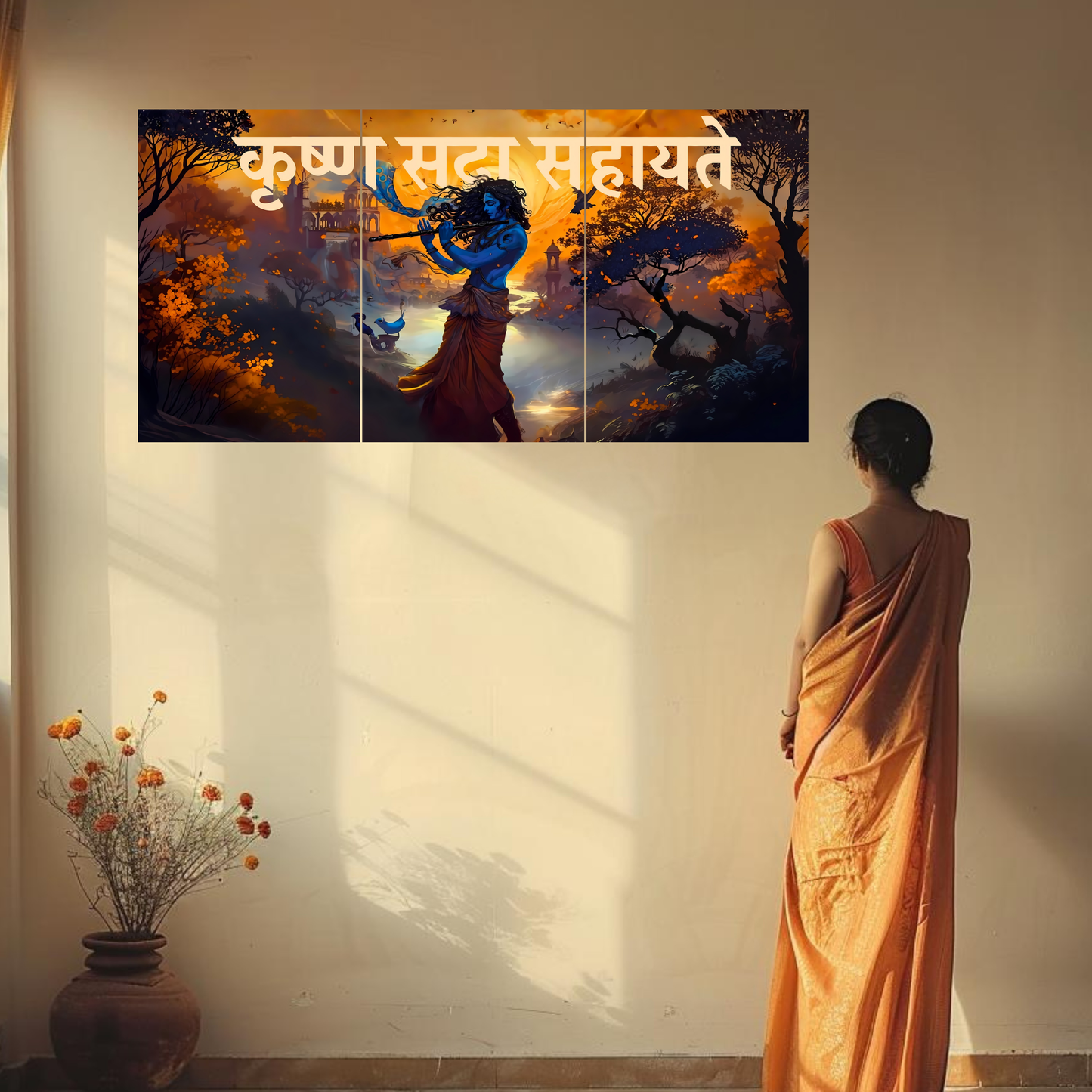 The 'कृष्णः सदा सहायते' Krishna Epic 3 Panel SPLIT Poster | 8K | Premium Glossy