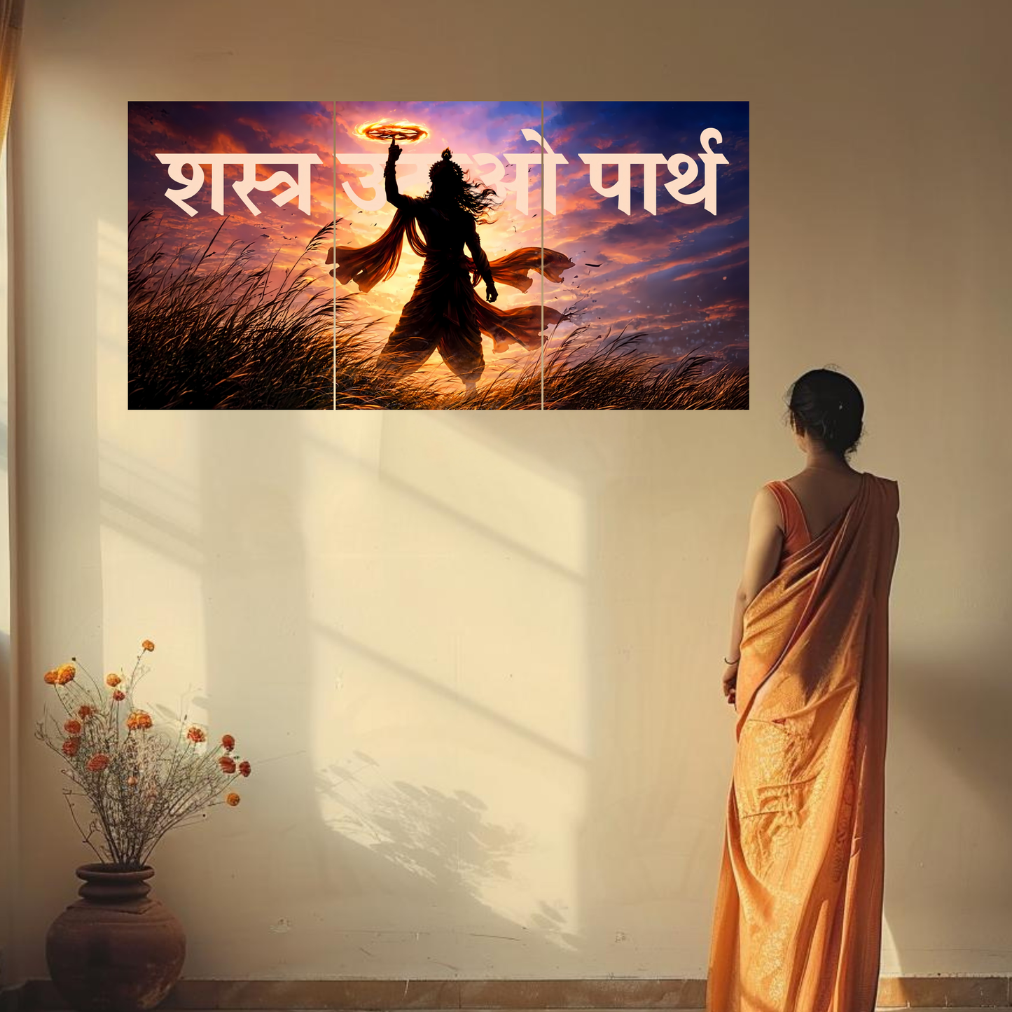 The 'शस्त्र उठाओ पार्थ' Epic Krishna Mahabharat 3 Panel SPLIT Poster | 8K | Premium Glossy
