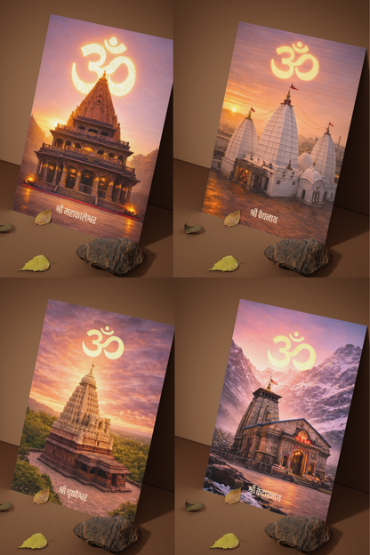 The '12 JYOTIRLINGAS' 12 Premium Shiv Temple Posters Combo + Free Wall Friendly Glue Dots + 2 Surprise Stickers