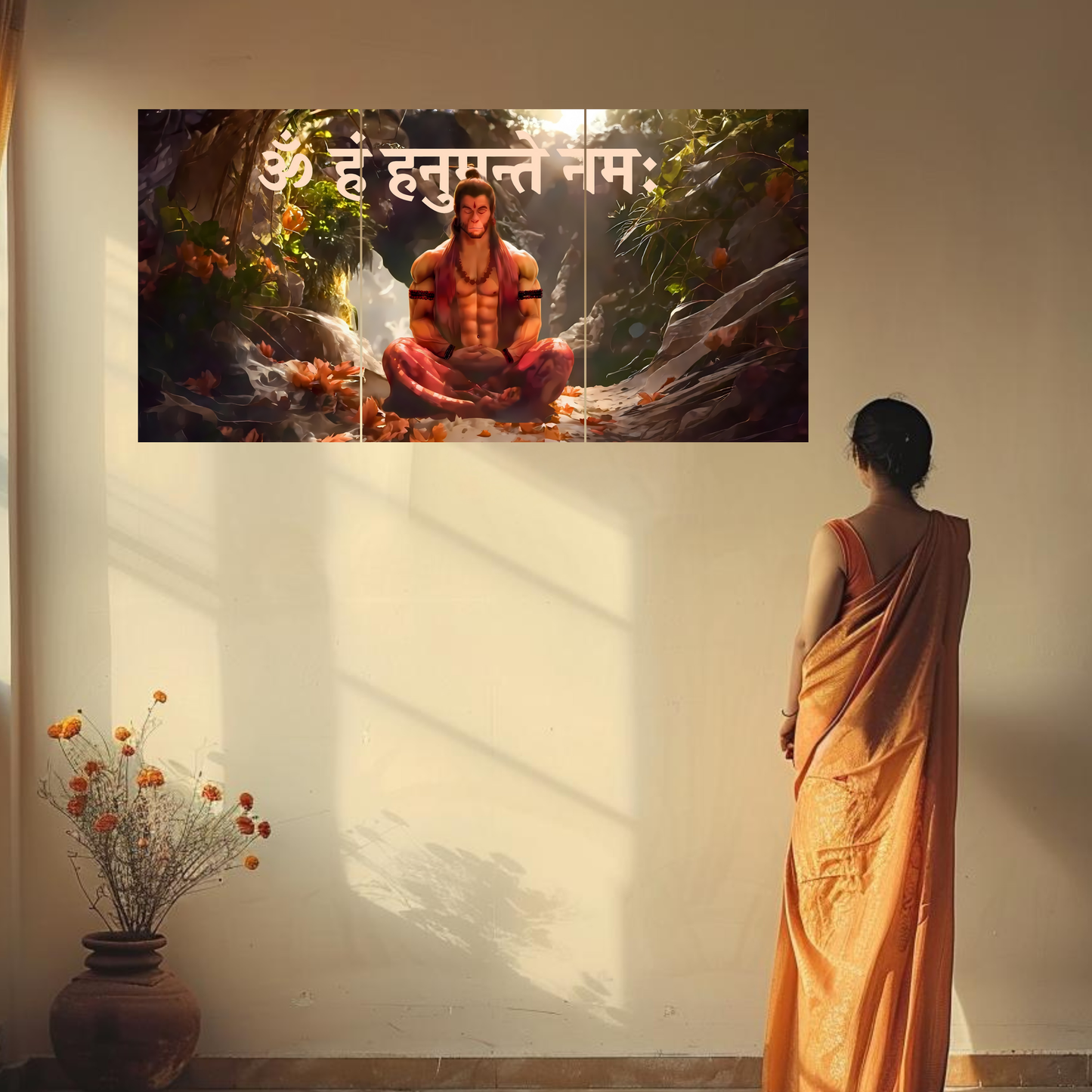 The 'ॐ हं हनुमते नमः' Hanuman Ji Meditation Epic 3 Panel SPLIT Poster | 8K | Premium Glossy