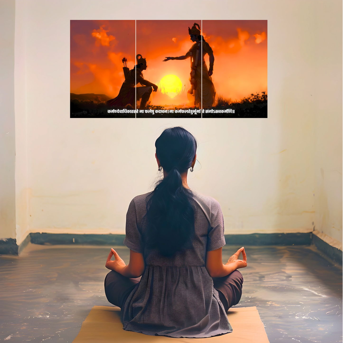 The 'कर्मण्येवाधिकारस्ते मा फलेषु कदाचन' Krishna and Arjun Mahabharat Epic 3 Panel SPLIT Poster | 8K | Premium Glossy