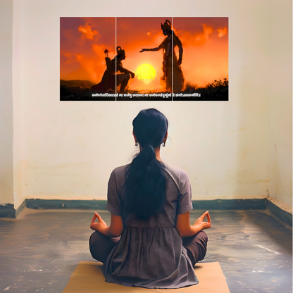 The 'कर्मण्येवाधिकारस्ते मा फलेषु कदाचन' Krishna and Arjun Mahabharat Epic 3 Panel SPLIT Poster | 8K | Premium Glossy