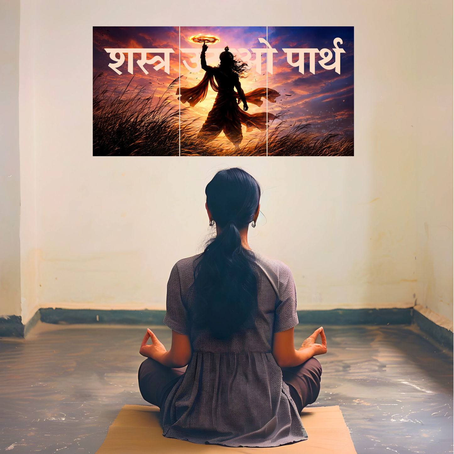 The 'शस्त्र उठाओ पार्थ' Epic Krishna Mahabharat 3 Panel SPLIT Poster | 8K | Premium Glossy