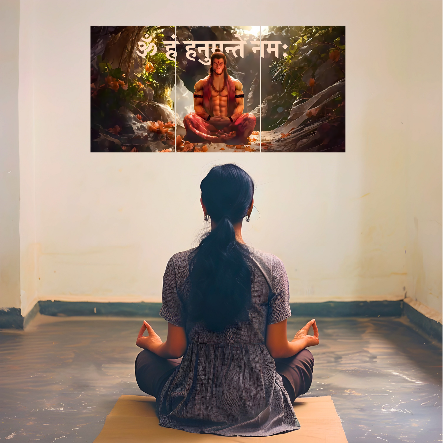 The 'ॐ हं हनुमते नमः' Hanuman Ji Meditation Epic 3 Panel SPLIT Poster | 8K | Premium Glossy