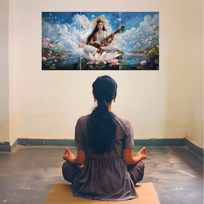 The Maa Saraswati Epic 3 Panel SPLIT Poster | 8K | Premium Glossy