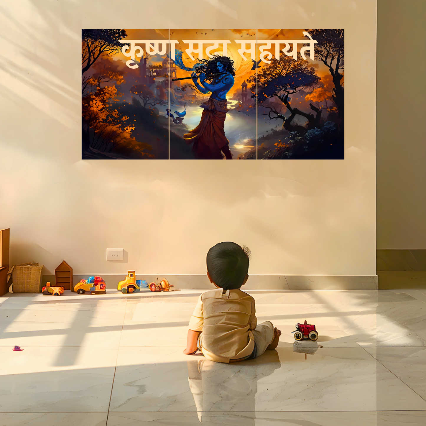 The 'कृष्णः सदा सहायते' Krishna Epic 3 Panel SPLIT Poster | 8K | Premium Glossy