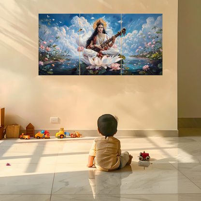 The Maa Saraswati Epic 3 Panel SPLIT Poster | 8K | Premium Glossy