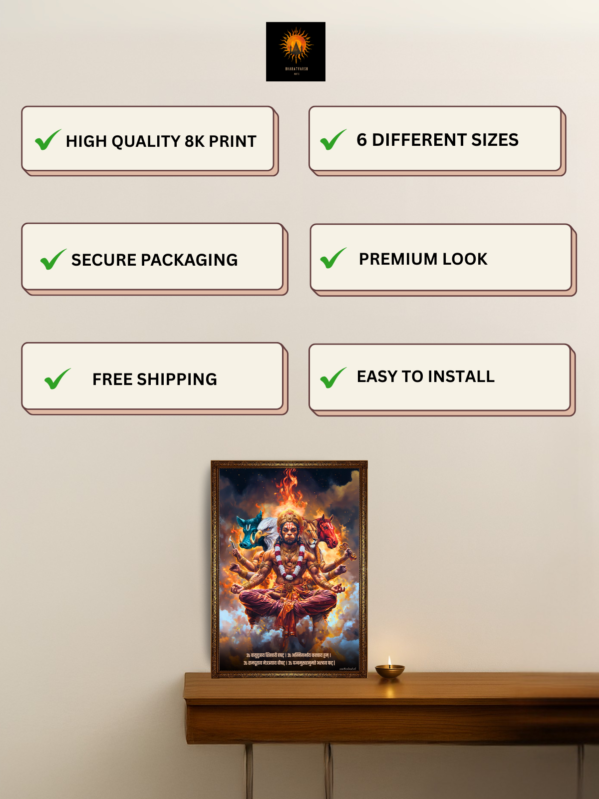 The 'ॐ पञ्चमुखहनुमते' Panchmukhi Hanuman Wall Frame | Premium Quality - Bharatvarsh Arts--Wall Poster Sets - Buy Indian Spiritual, Mythology, Gods, Warrior Wall Art - For Living Room, Decor