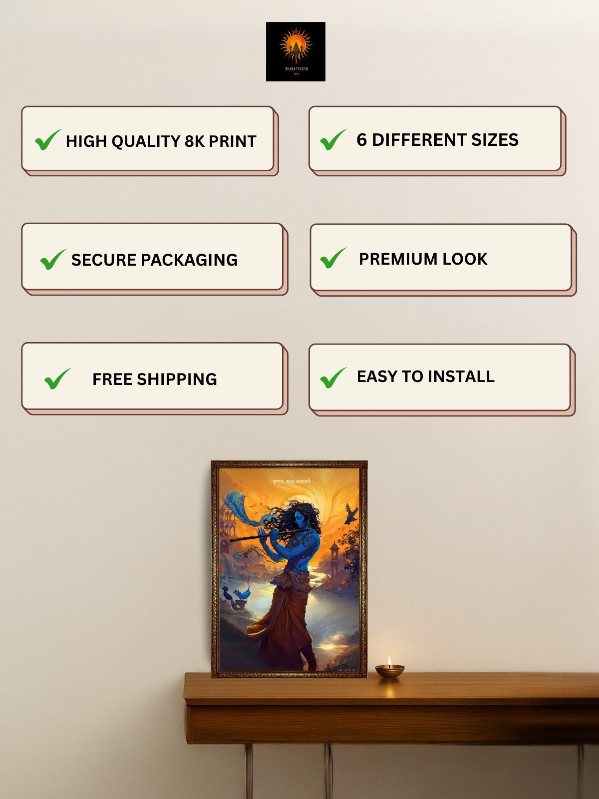 The 'कृष्णः सदा सहायते' Krishna Wall Frame | Premium Quality - Bharatvarsh Arts--Wall Poster Sets - Buy Indian Spiritual, Mythology, Gods, Warrior Wall Art - For Living Room, Decor