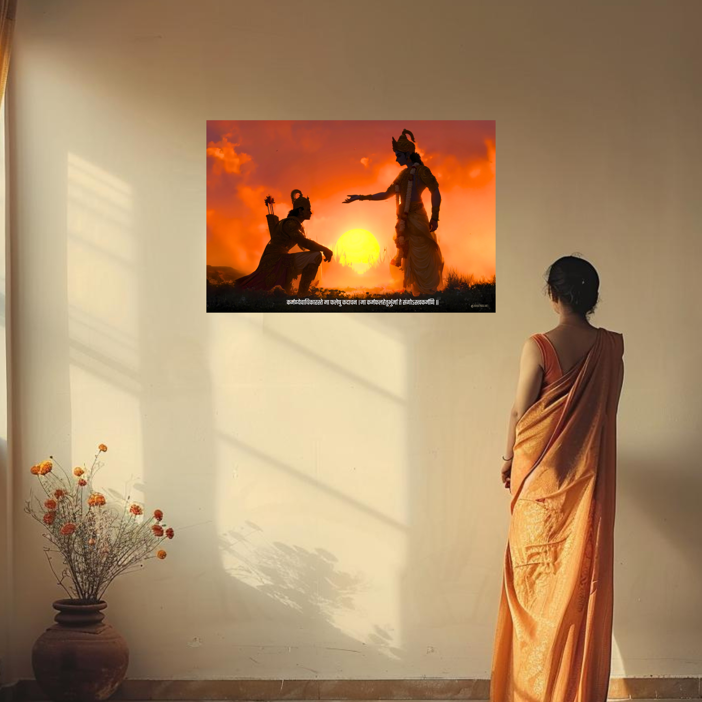 The 'कर्मण्येवाधिकारस्ते मा फलेषु कदाचन' Krishna Arjun Kurukshetra Geeta Landscape Poster | 8K | Premium Glossy