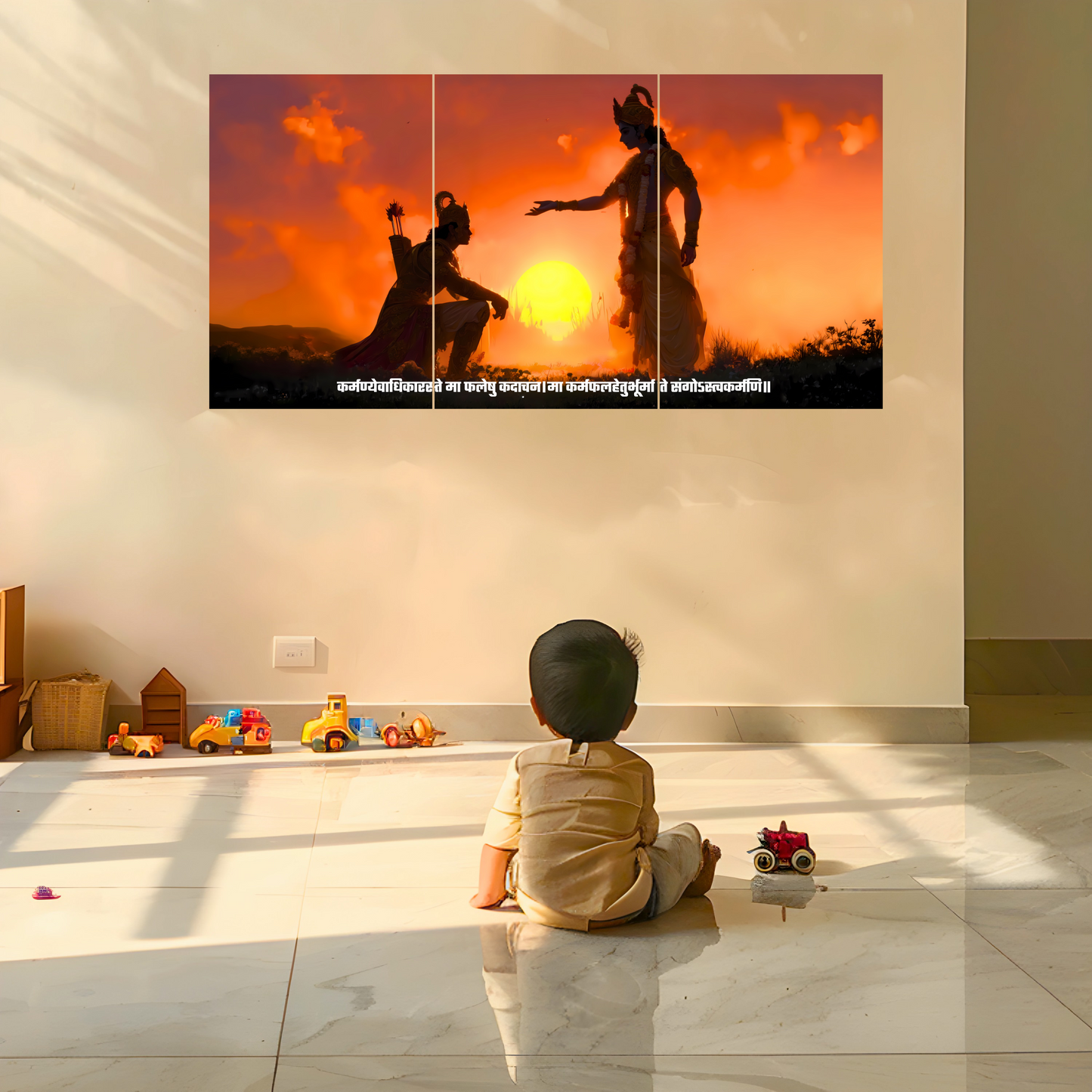 The 'कर्मण्येवाधिकारस्ते मा फलेषु कदाचन' Krishna and Arjun Mahabharat Epic 3 Panel SPLIT Poster | 8K | Premium Glossy