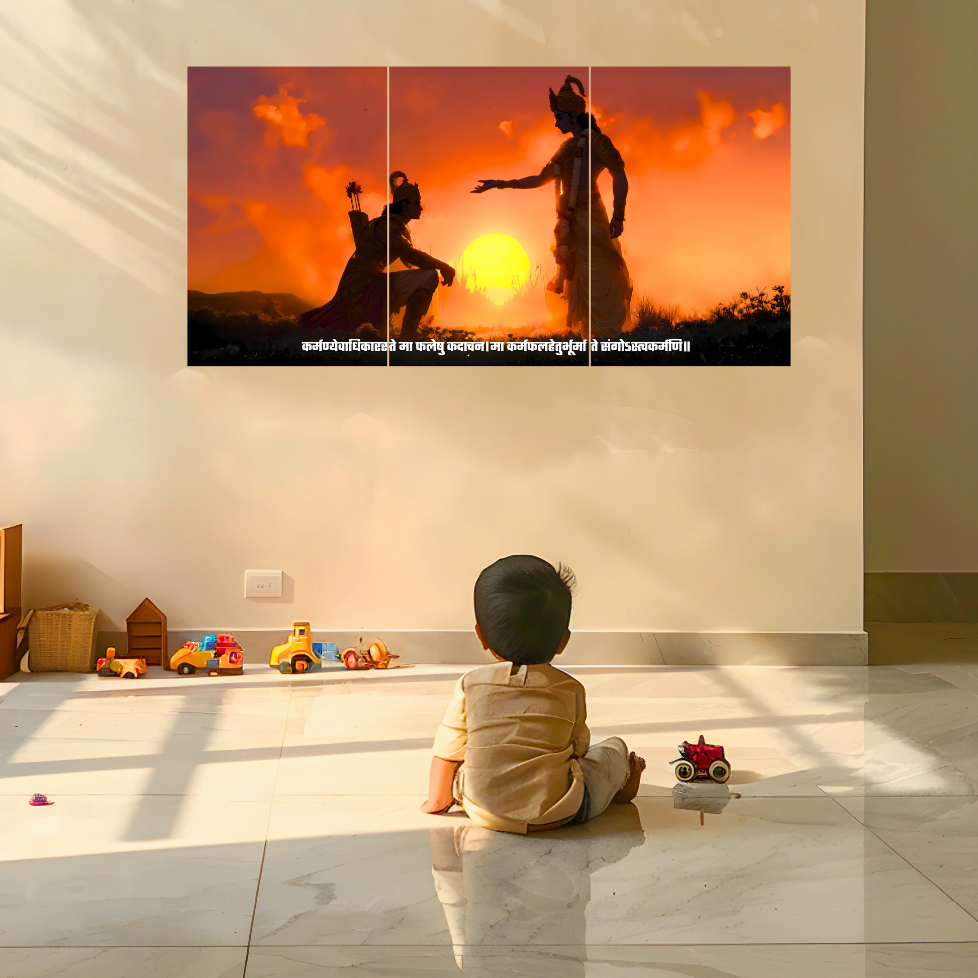 The 'कर्मण्येवाधिकारस्ते मा फलेषु कदाचन' Krishna and Arjun Mahabharat Epic 3 Panel SPLIT Poster | 8K | Premium Glossy