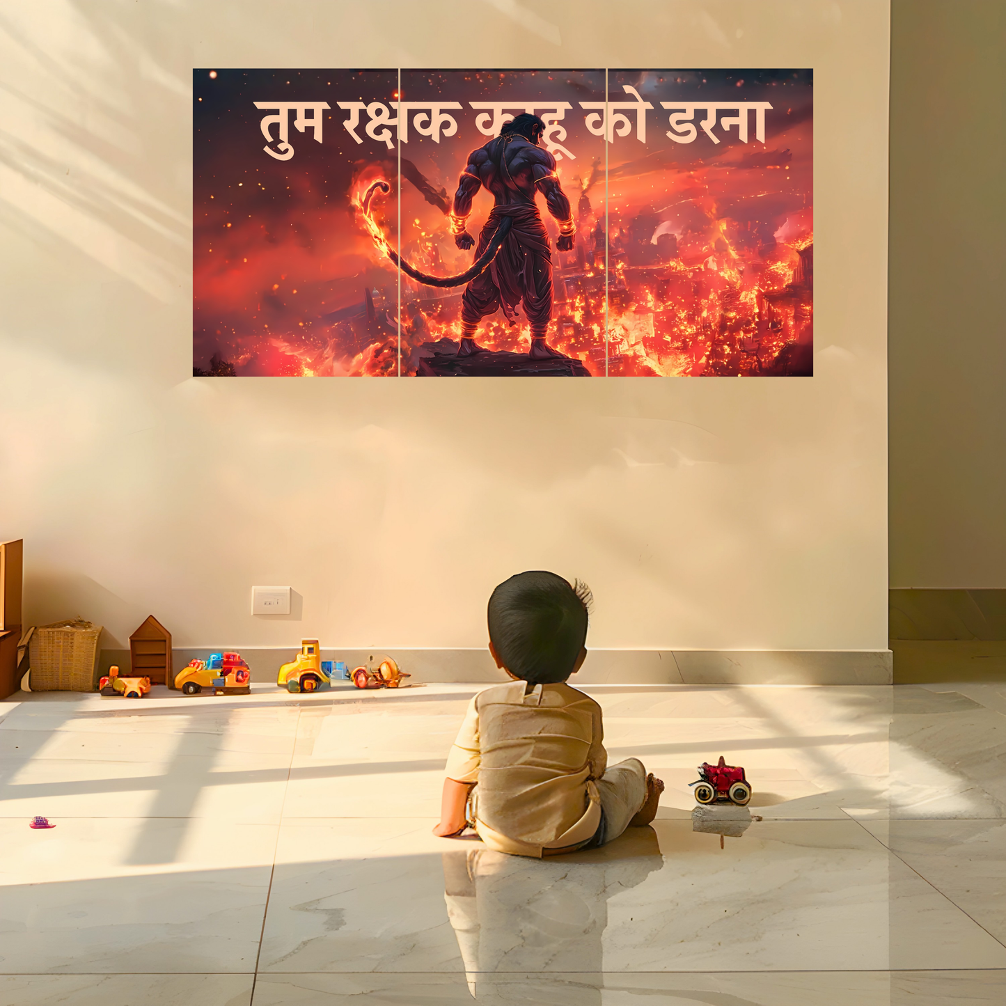 The 'तुम रक्षक काहू को डरना' Hanuman Ji Lankadahan Epic 3 Panel SPLIT Poster | 8K | Premium Glossy