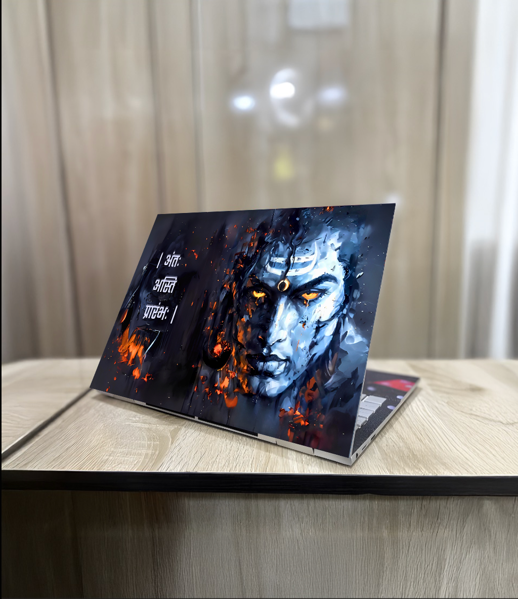 The 'अंतः अस्ति प्रारंभः' Lord Shiva Laptop Skin | Premium Glossy - Bharatvarsh Arts--Wall Poster Sets - Buy Indian Spiritual, Mythology, Gods, Warrior Wall Art - For Living Room, Decor