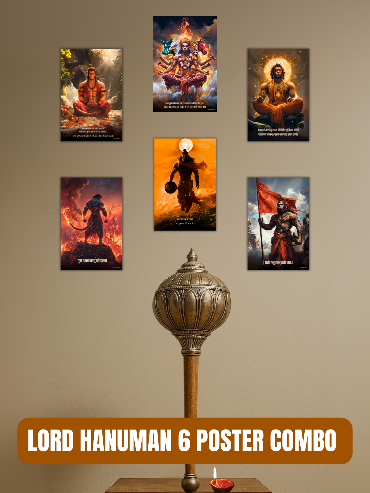 All Lord Hanuman Ji 6 Premium Posters Combo + Free Wall Friendly Glue Dots + 1 Surprise Sticker