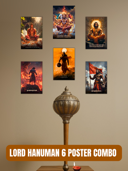 All Lord Hanuman Ji 6 Premium Posters Combo + Free Wall Friendly Glue Dots + 1 Surprise Sticker