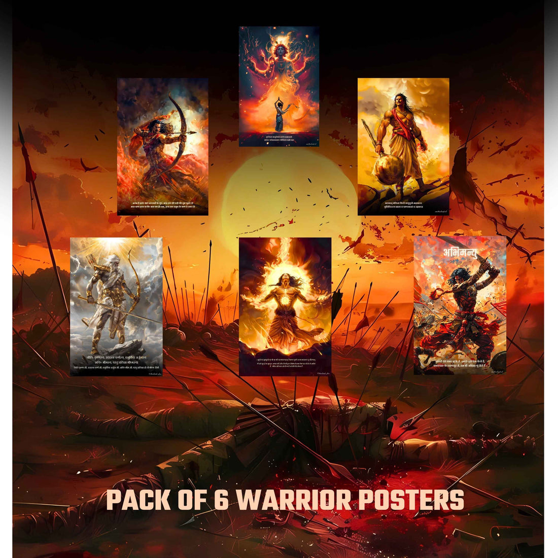 The 'कुरुक्षेत्र' Mahabharat Combo | Pack of 6 Posters + Free Fevicol EasyStick Kit + 1 Surprise Sticker | Size : 1 x 1.5 ft - Bharatvarsh Arts--Wall Poster Sets - Buy Indian Spiritual, Mythology, Gods, Warrior Wall Art - For Living Room, Decor